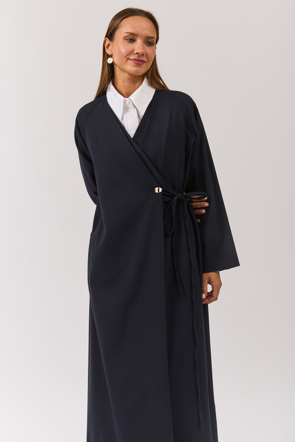 V Neck Tie Detail Abaya Dark Navy - 1
