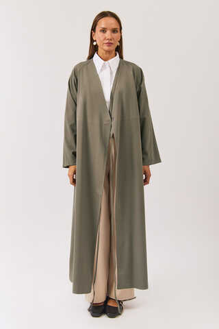 V Neck Tie Detail Abaya Sage Green - 1