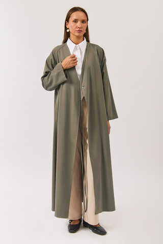 V Neck Tie Detail Abaya Sage Green - 3