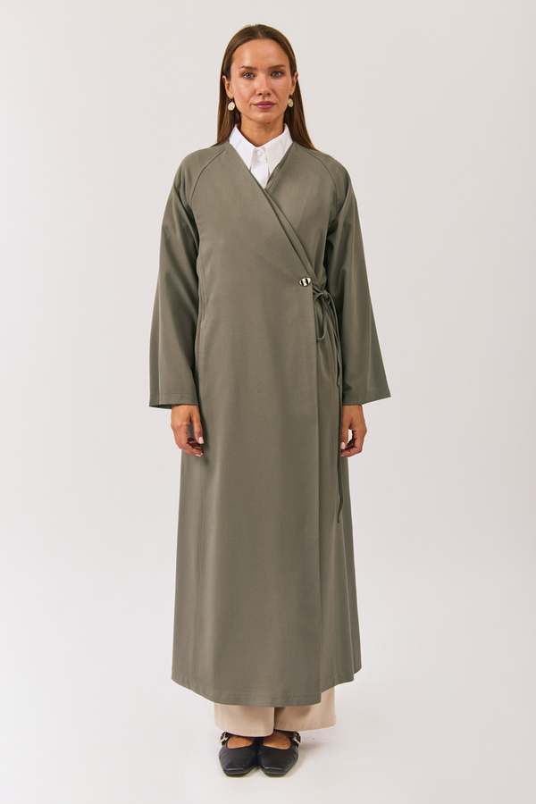V Neck Tie Detail Abaya Sage Green - 5