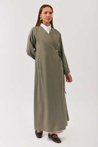 V Neck Tie Detail Abaya Sage Green - 6