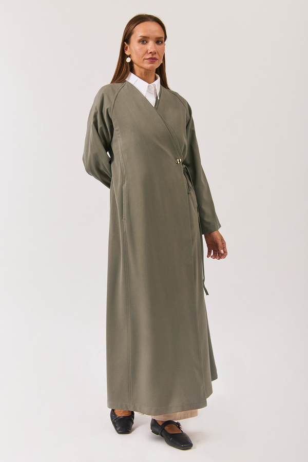 V Neck Tie Detail Abaya Sage Green - 6