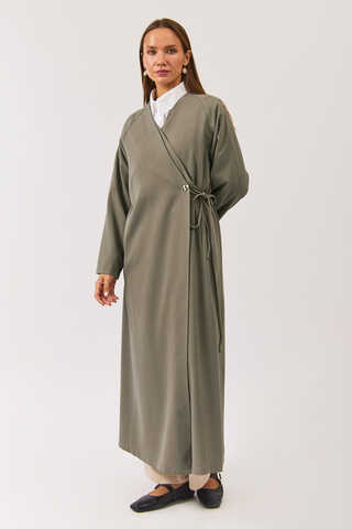 V Neck Tie Detail Abaya Sage Green - 7