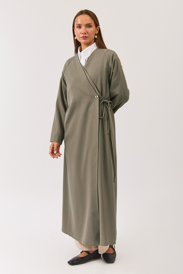 V Neck Tie Detail Abaya Sage Green - 7