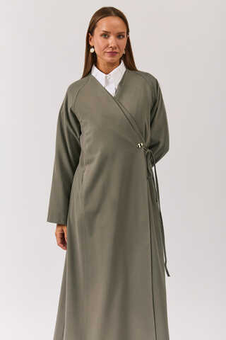 V Neck Tie Detail Abaya Sage Green - 2