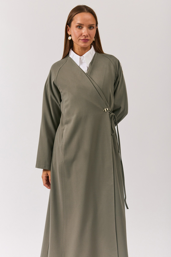 V Neck Tie Detail Abaya Sage Green - 2