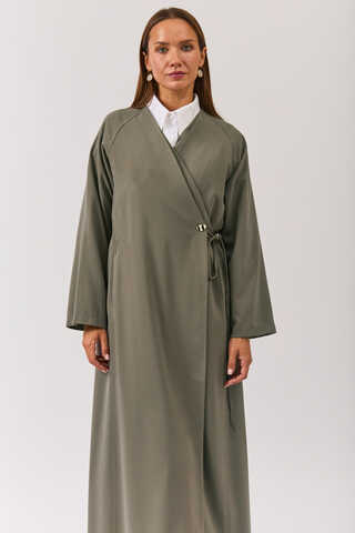 V Neck Tie Detail Abaya Sage Green - 8