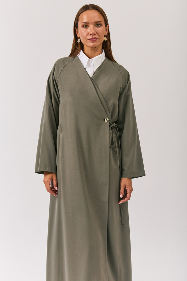 V Neck Tie Detail Abaya Sage Green - 8