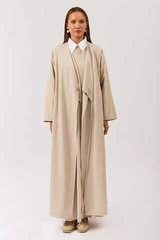 V Neck Tie Detail Abaya Stone - 1