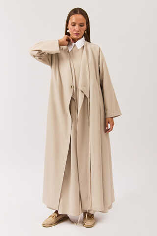 V Neck Tie Detail Abaya Stone - 2