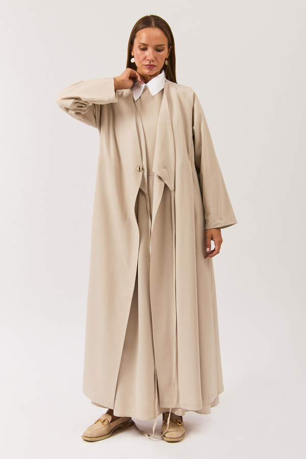 V Neck Tie Detail Abaya Stone - 2