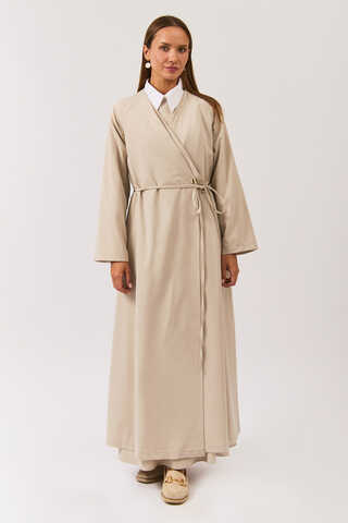 V Neck Tie Detail Abaya Stone - 3