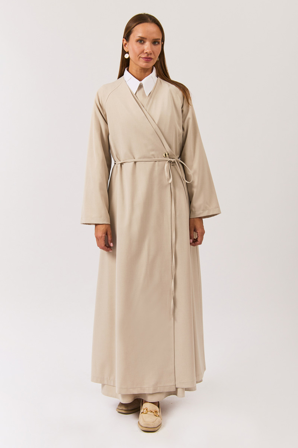 V Neck Tie Detail Abaya Stone - 3