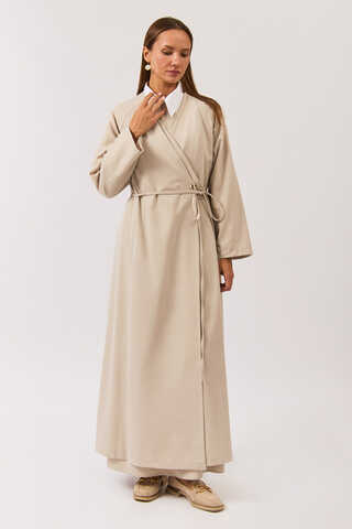 V Neck Tie Detail Abaya Stone - 4