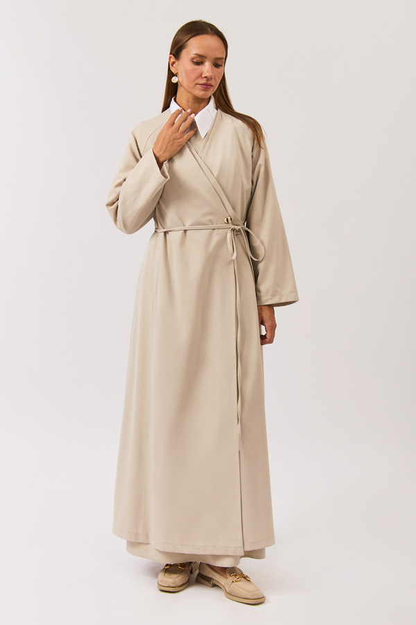 V Neck Tie Detail Abaya Stone - 4