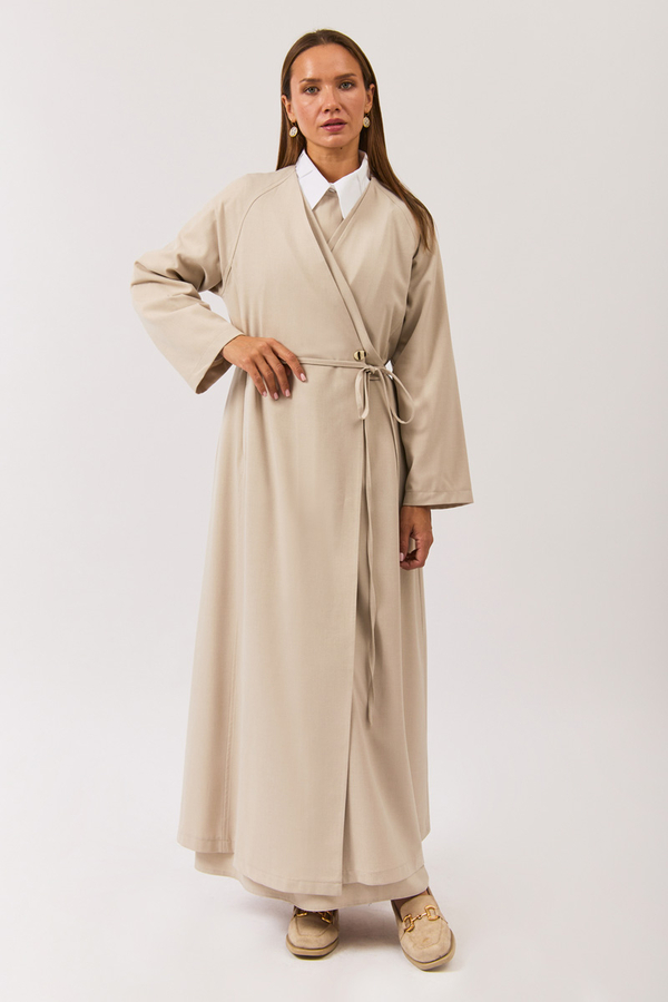 V Neck Tie Detail Abaya Stone - 5