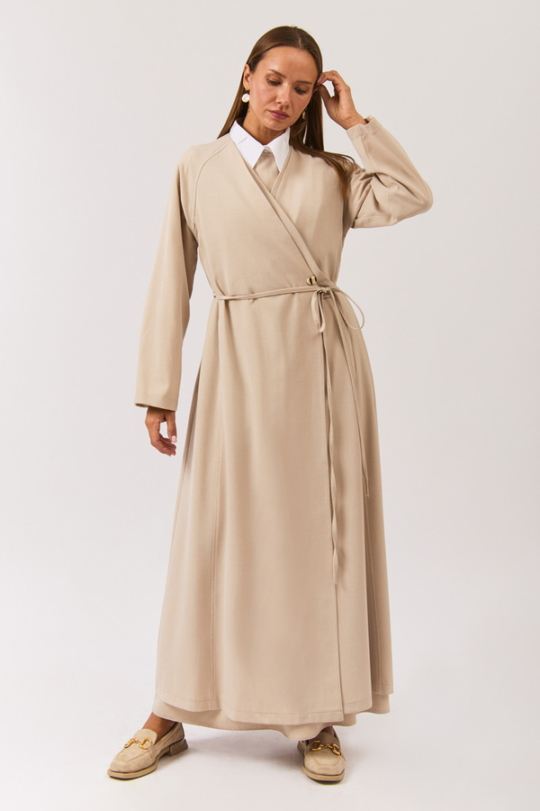 V Neck Tie Detail Abaya Stone - 6