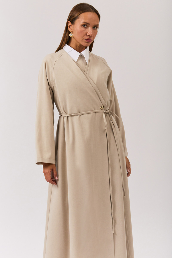 V Neck Tie Detail Abaya Stone - 7