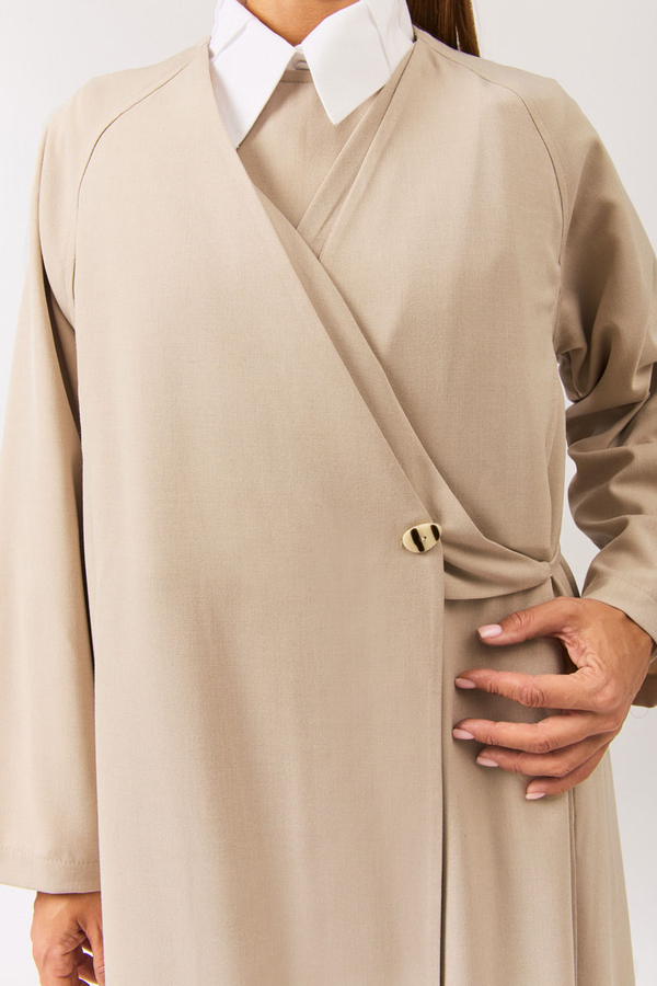 V Neck Tie Detail Abaya Stone - 9