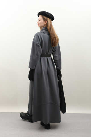 V Şal Yaka Modal Elbise Antrasit - 16