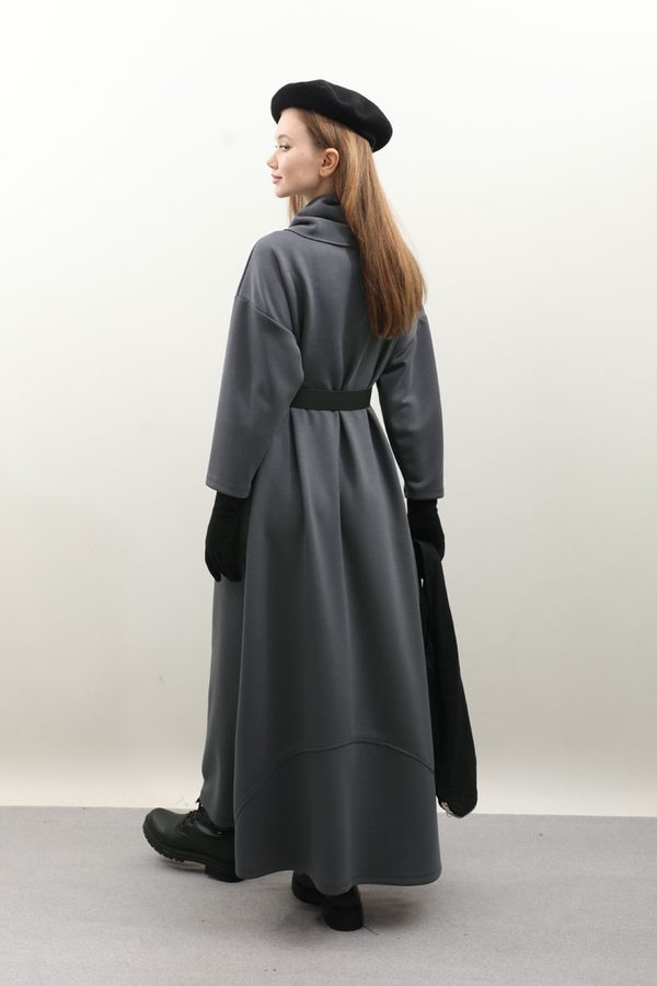 V Şal Yaka Modal Elbise Antrasit - 16