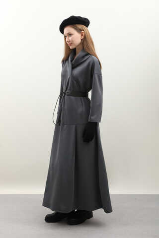 V Şal Yaka Modal Elbise Antrasit - 11