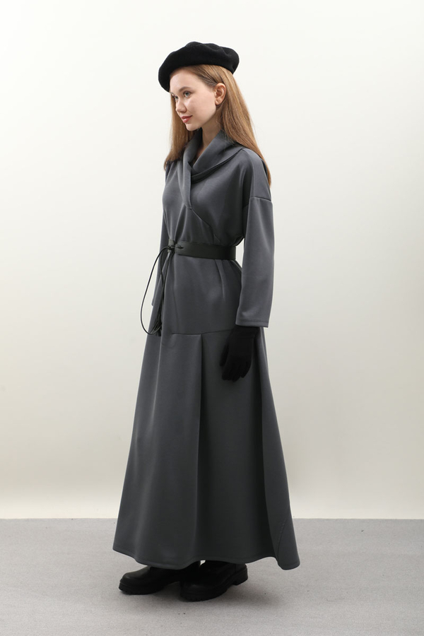 V Şal Yaka Modal Elbise Antrasit - 11