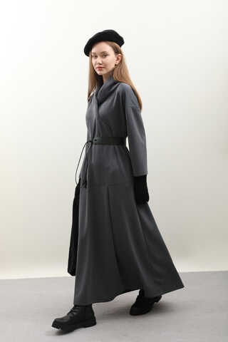 V Şal Yaka Modal Elbise Antrasit - 14