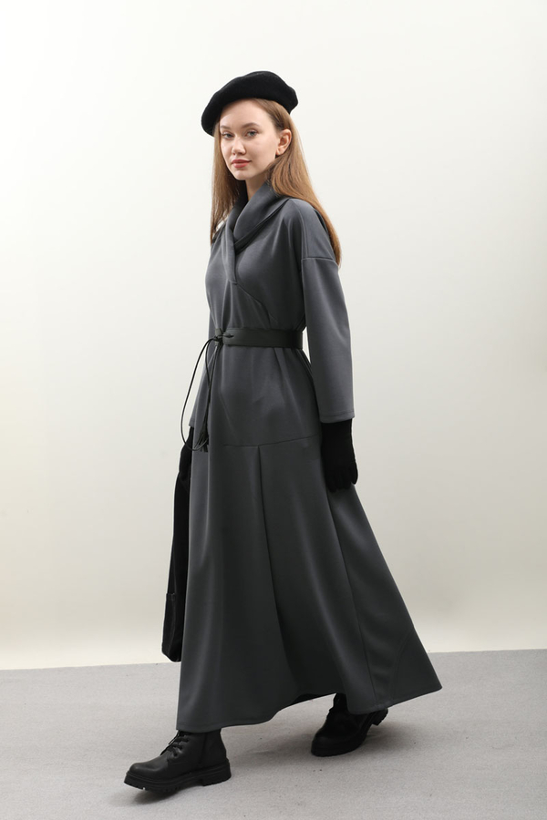 V Şal Yaka Modal Elbise Antrasit - 14