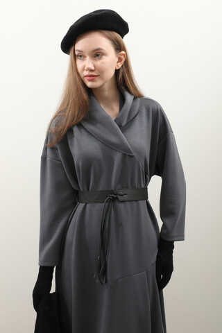 V Şal Yaka Modal Elbise Antrasit - 13