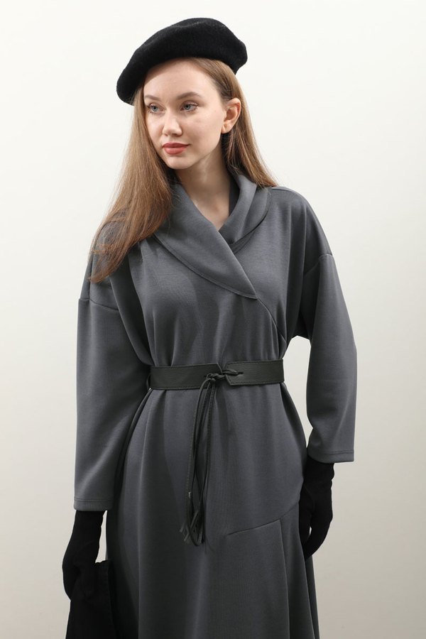 V Şal Yaka Modal Elbise Antrasit - 13