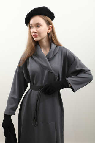 V Şal Yaka Modal Elbise Antrasit - 15