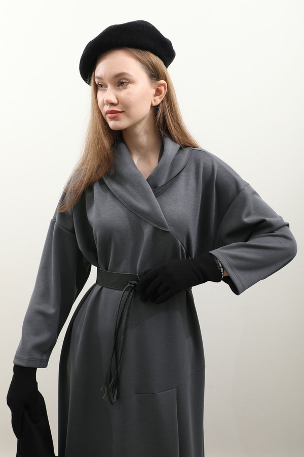 V Şal Yaka Modal Elbise Antrasit - 15