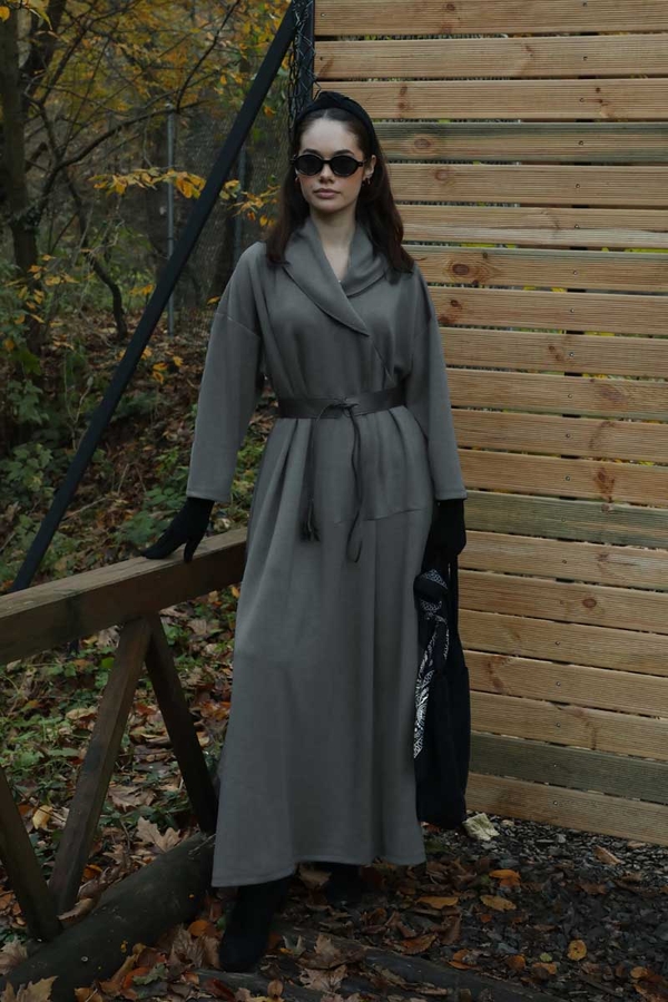 V Şal Yaka Modal Elbise Antrasit - 1