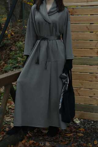 V Şal Yaka Modal Elbise Antrasit - 3