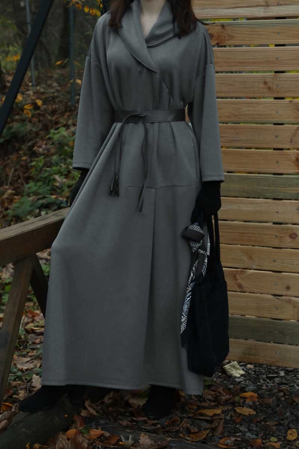 V Şal Yaka Modal Elbise Antrasit - 3