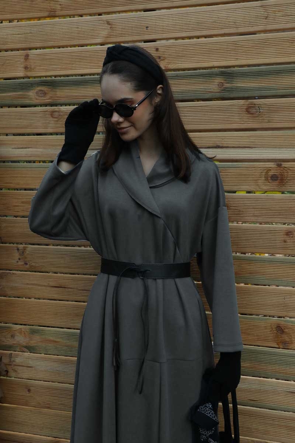 V Şal Yaka Modal Elbise Antrasit - 5