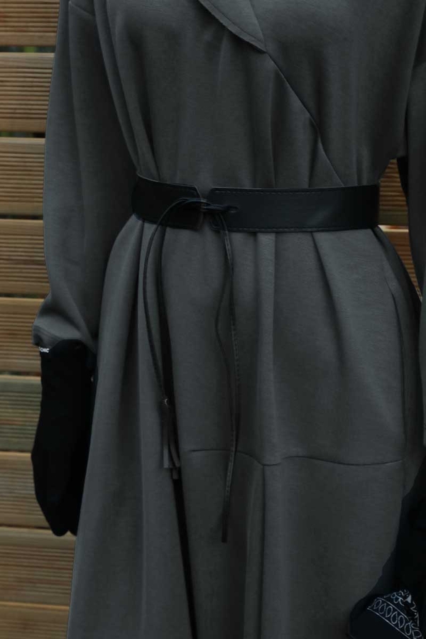 V Şal Yaka Modal Elbise Antrasit - 9