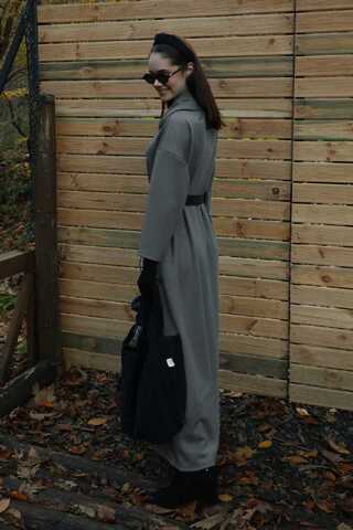 V Şal Yaka Modal Elbise Antrasit - 10