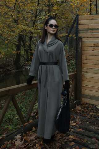 V Şal Yaka Modal Elbise Antrasit - 7