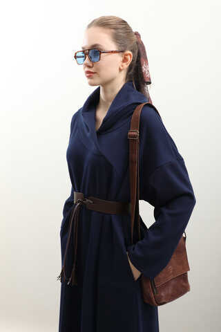 V Şal Yaka Modal Elbise Lacivert - 3