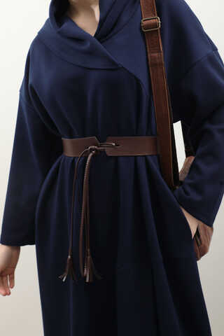 V Şal Yaka Modal Elbise Lacivert - 4