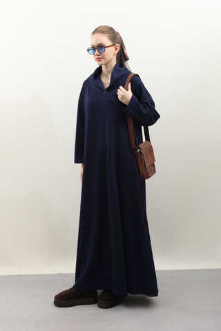 V Şal Yaka Modal Elbise Lacivert - 6