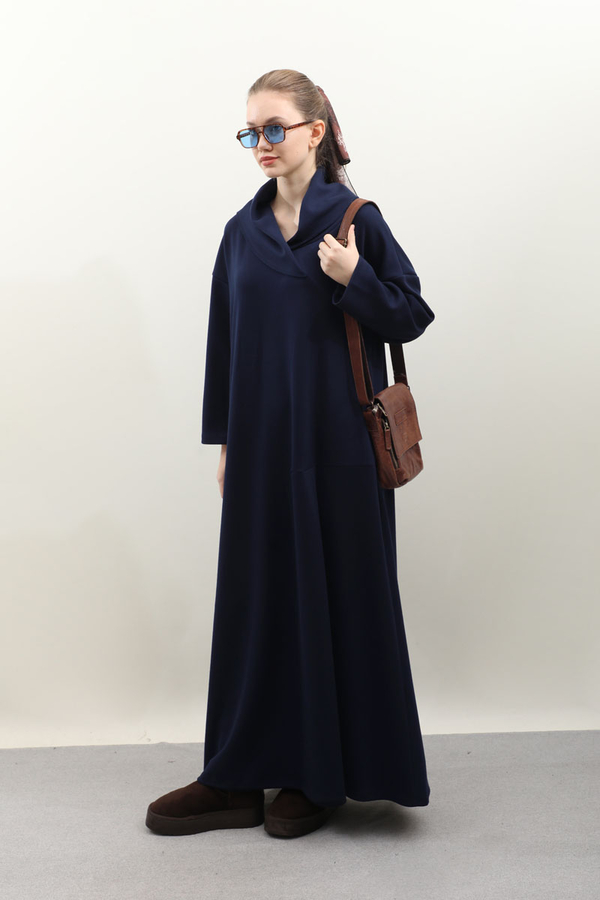 V Şal Yaka Modal Elbise Lacivert - 6