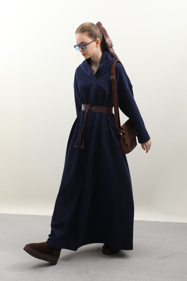 V Şal Yaka Modal Elbise Lacivert - 2