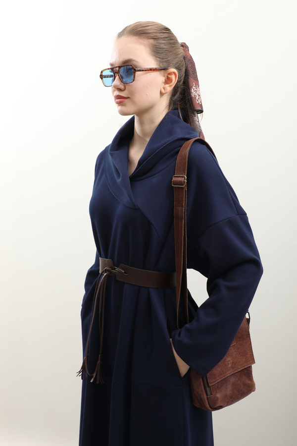 V Şal Yaka Modal Elbise Lacivert - 3