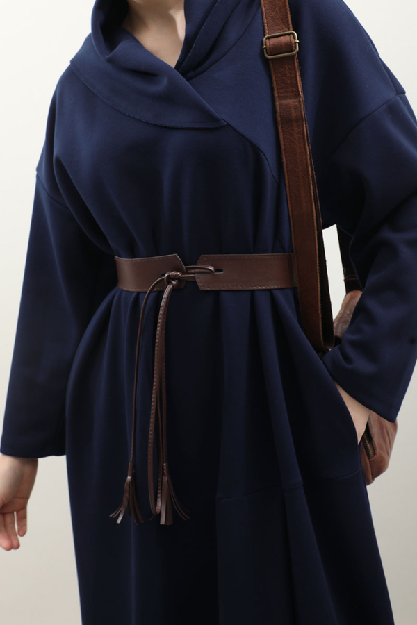 V Şal Yaka Modal Elbise Lacivert - 4