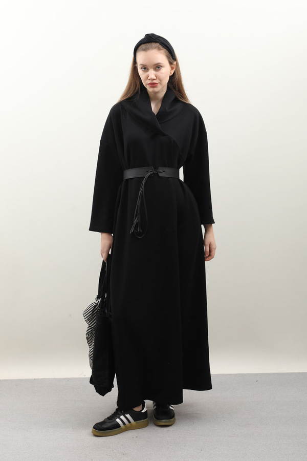 V Şal Yaka Modal Elbise Siyah - 1