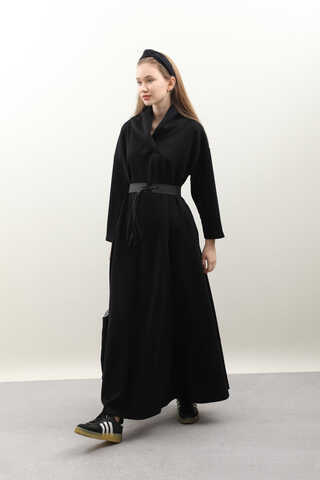 V Şal Yaka Modal Elbise Siyah - 2