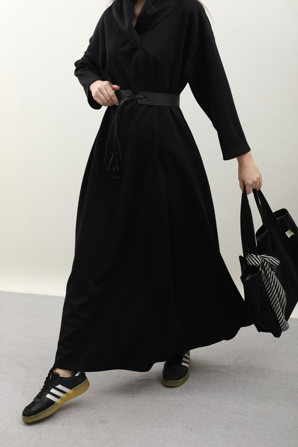 V Şal Yaka Modal Elbise Siyah - 3